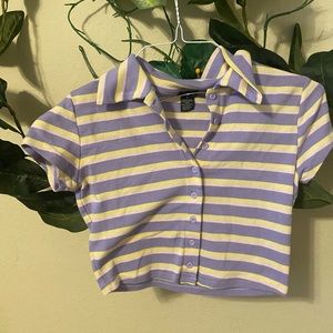 Purple, yellow, pink striped shirt, with a collar neck.
